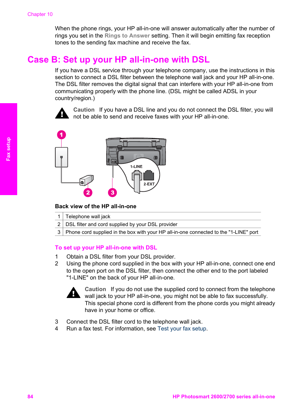 Case b: set up your hp all-in-one with dsl, Case b: set up your hp all-in-one with, Case b: set up your hp all-in- one with dsl | Case b: set up your hp all- in-one with dsl | HP 2600/2700 User Manual | Page 87 / 241
