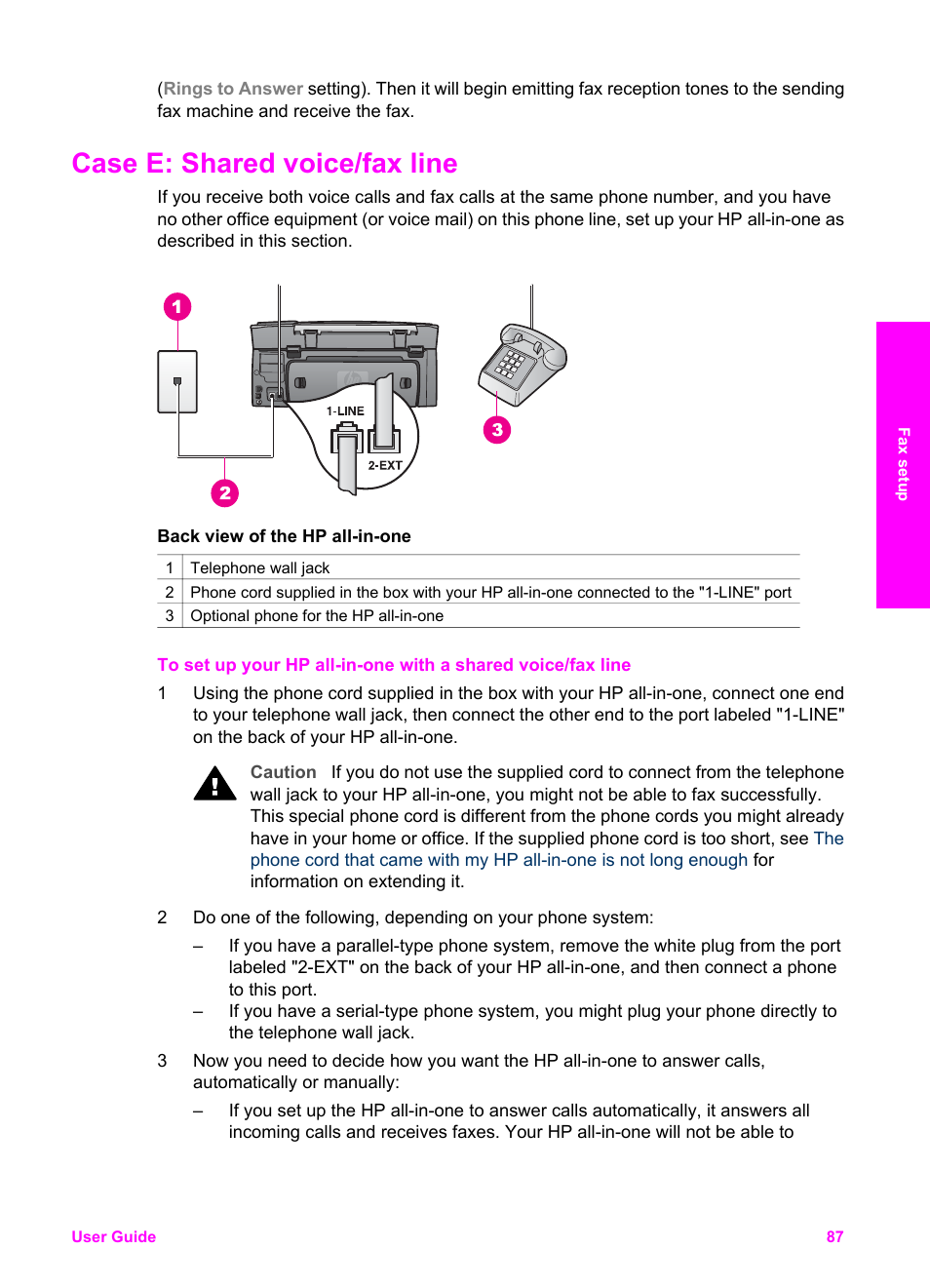 Case e: shared voice/fax line | HP 2600/2700 User Manual | Page 90 / 241