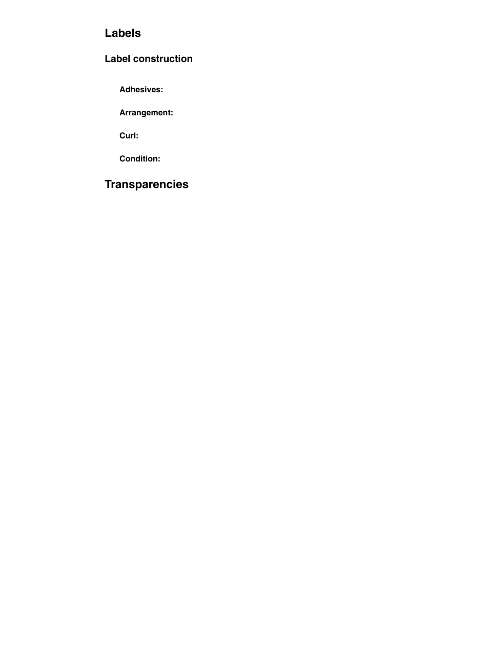 Labels, Transparencies, Labels transparencies | Label construction | HP 1010 User Manual | Page 103 / 122