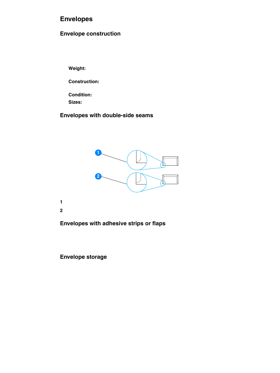 Envelopes, Envelope construction, Envelopes with double-side seams | Envelopes with adhesive strips or flaps, Envelope storage | HP 1010 User Manual | Page 104 / 122