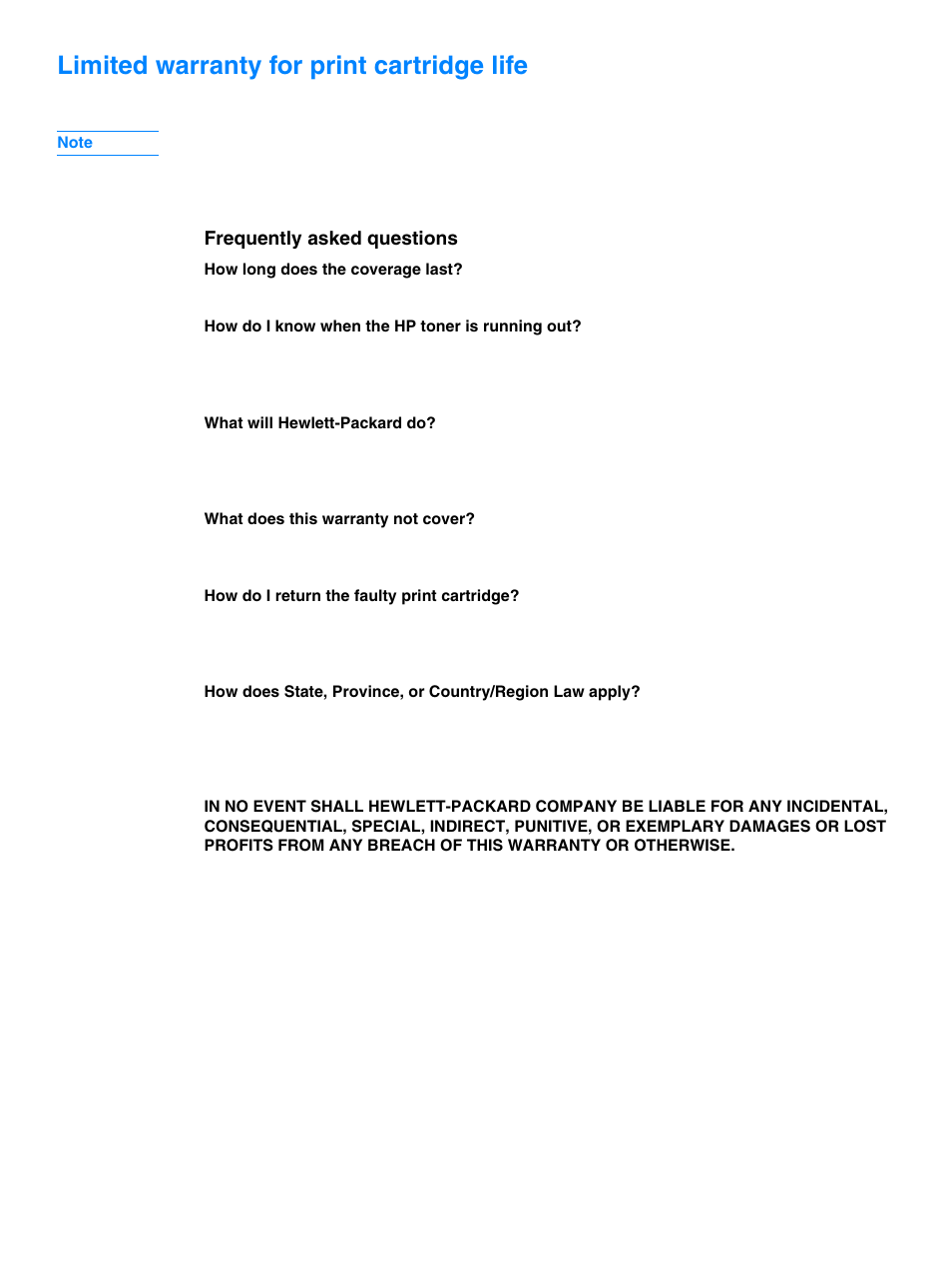 Limited warranty for print cartridge life, Frequently asked questions | HP 1010 User Manual | Page 110 / 122