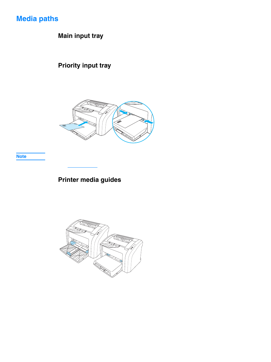 Media paths, Main input tray, Priority input tray | Printer media guides | HP 1010 User Manual | Page 16 / 122