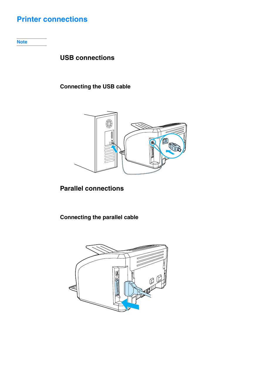 Printer connections, Usb connections, Parallel connections | Usb connections parallel connections | HP 1010 User Manual | Page 24 / 122