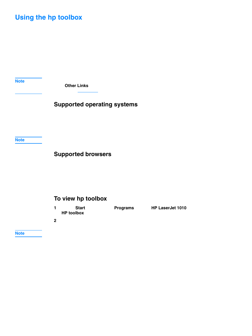 Using the hp toolbox, Supported operating systems, Supported browsers | To view hptoolbox | HP 1010 User Manual | Page 59 / 122