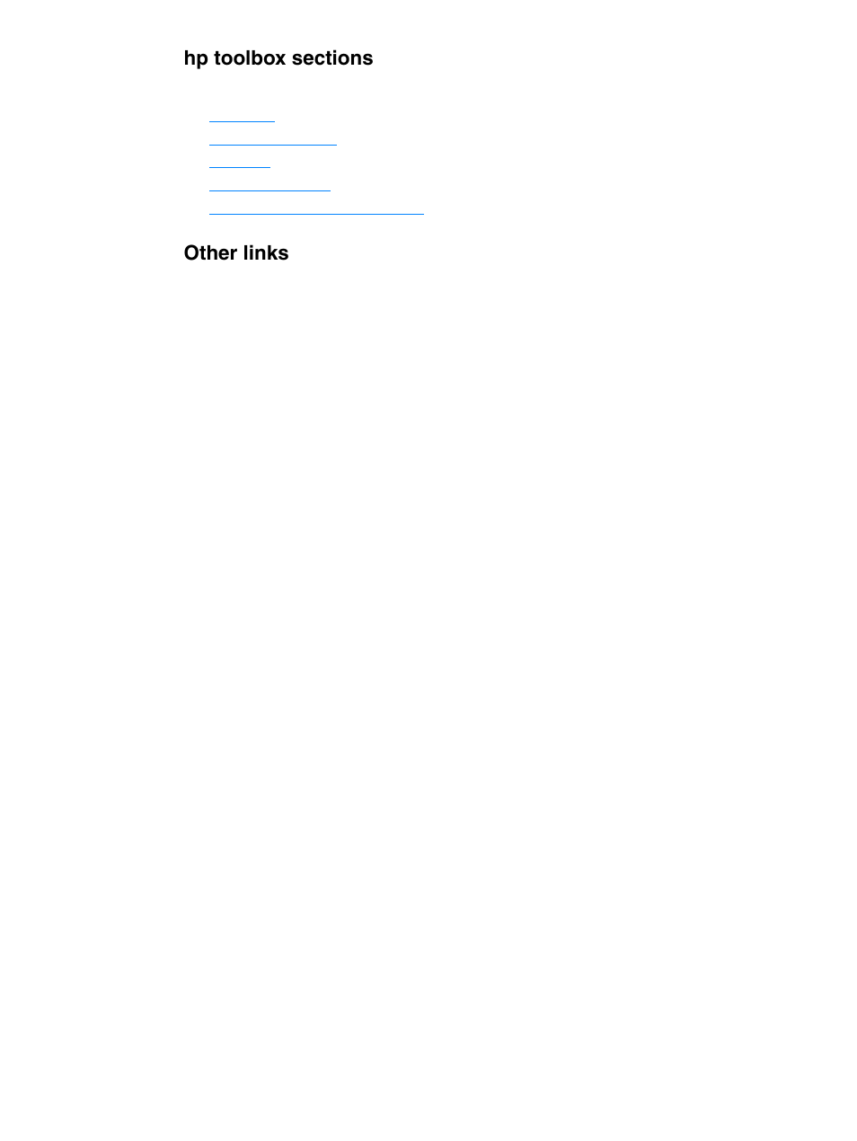 Hptoolbox sections, Other links, Hp toolbox sections other links | HP 1010 User Manual | Page 60 / 122