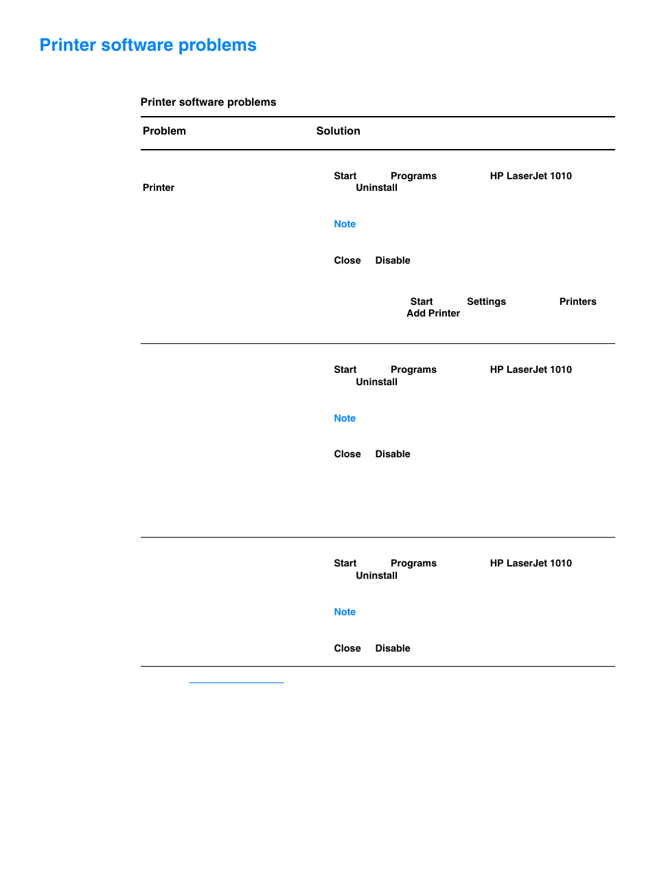 Printer software problems | HP 1010 User Manual | Page 72 / 122