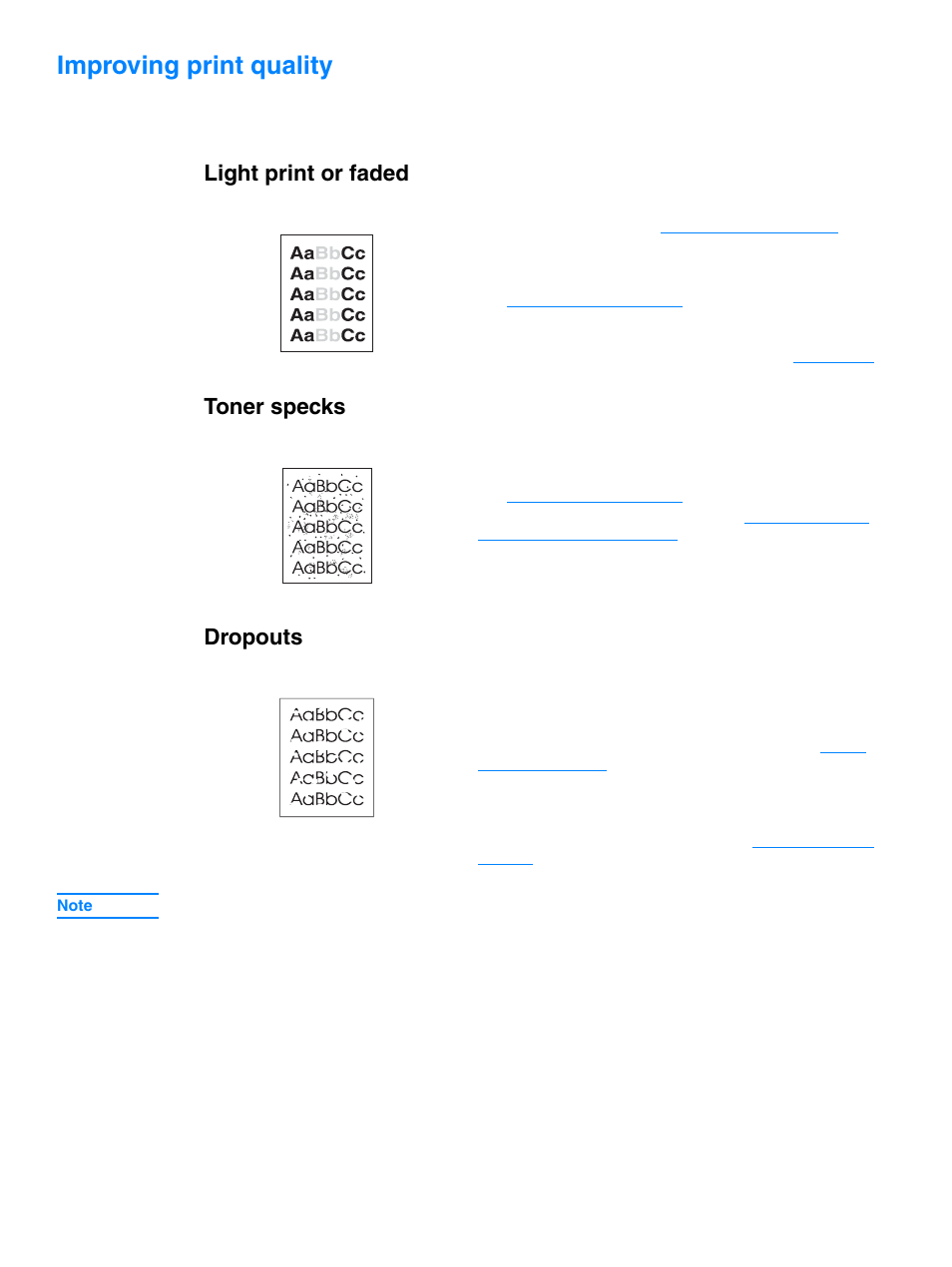 Improving print quality, Light print or faded, Toner specks | Dropouts, Light print or faded toner specks dropouts | HP 1010 User Manual | Page 73 / 122