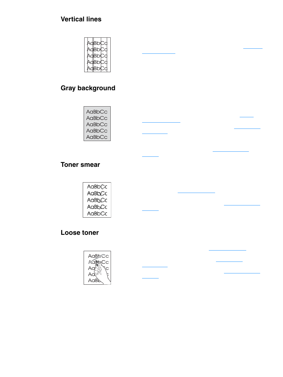 Vertical lines, Gray background, Toner smear | Loose toner | HP 1010 User Manual | Page 74 / 122