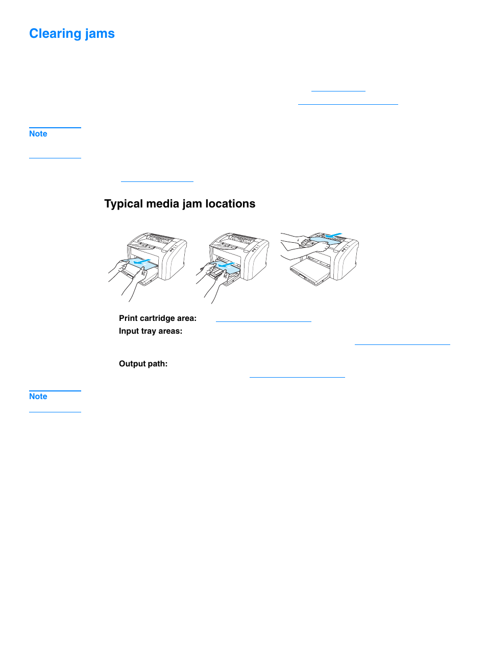 Clearing jams, Typical media jam locations | HP 1010 User Manual | Page 77 / 122