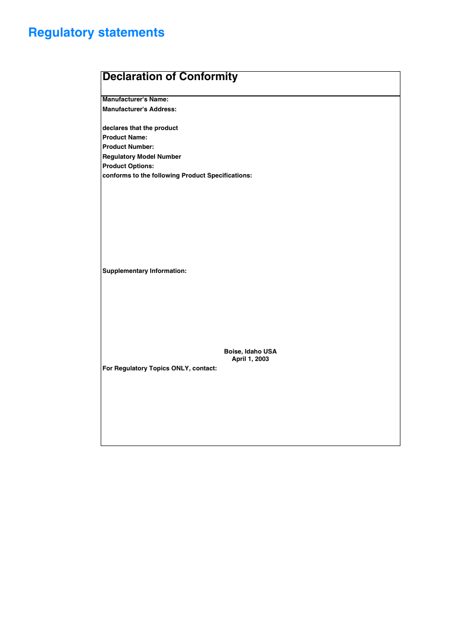 Regulatory statements, Declaration of conformity | HP 1010 User Manual | Page 95 / 122