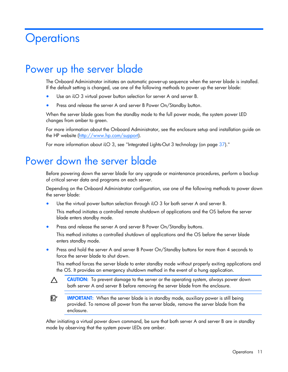 Operations, Power up the server blade, Power down the server blade | HP BL2X220C User Manual | Page 11 / 82