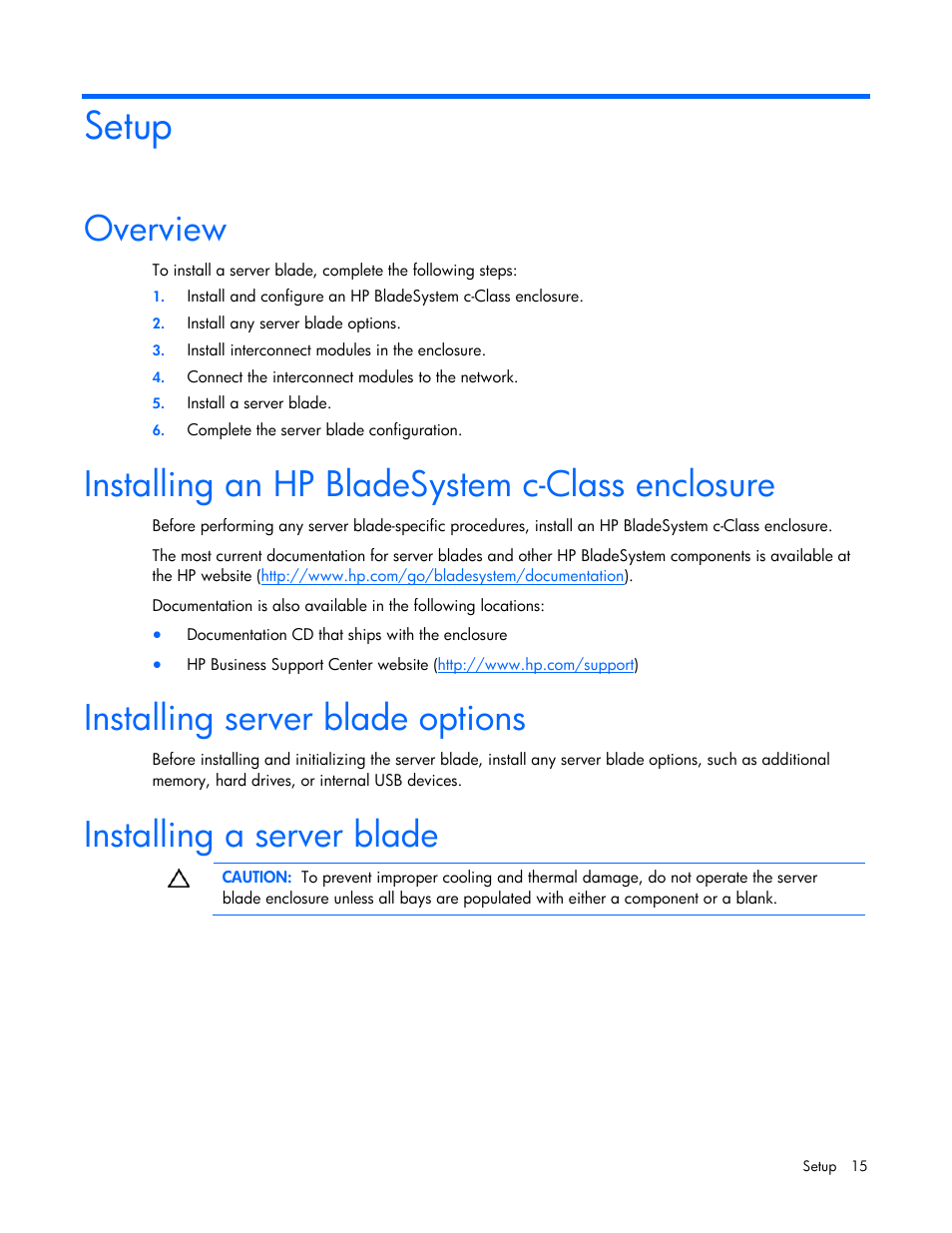 Setup, Overview, Installing an hp bladesystem c-class enclosure | Installing server blade options, Installing a server blade | HP BL2X220C User Manual | Page 15 / 82