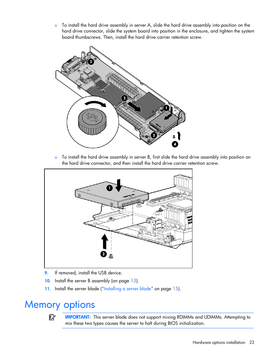 Memory options | HP BL2X220C User Manual | Page 22 / 82