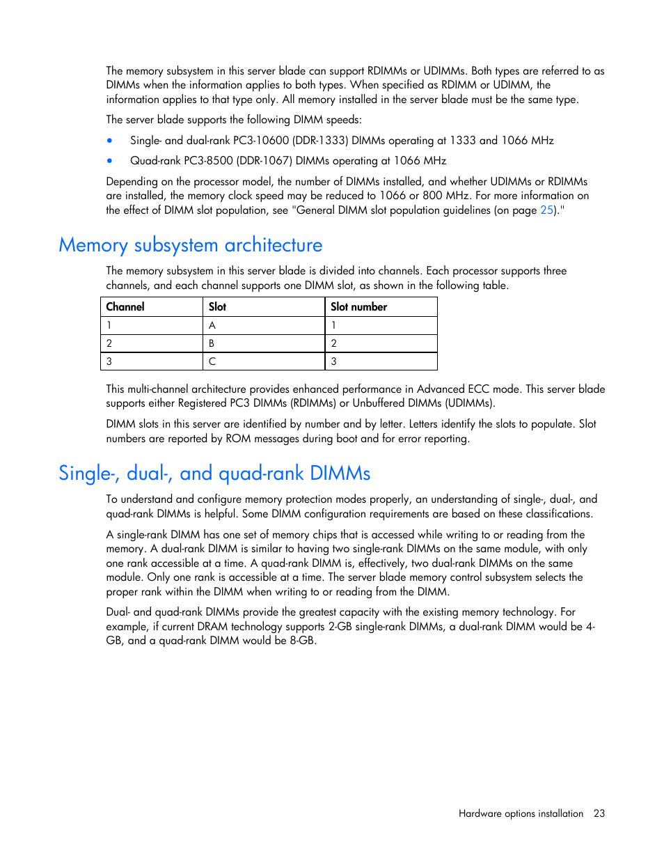 Memory subsystem architecture, Single-, dual-, and quad-rank dimms | HP BL2X220C User Manual | Page 23 / 82