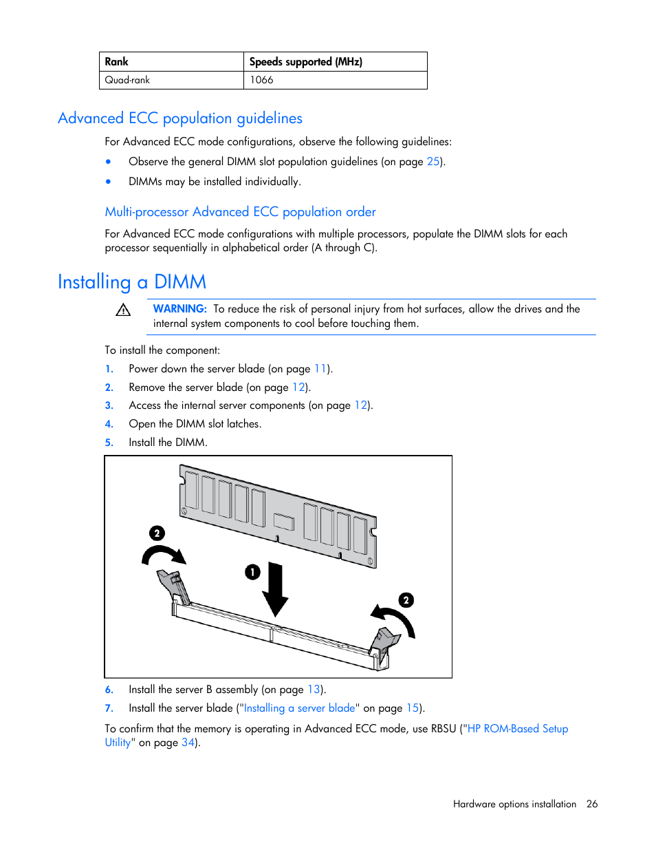 Advanced ecc population guidelines, Multi-processor advanced ecc population order, Installing a dimm | HP BL2X220C User Manual | Page 26 / 82