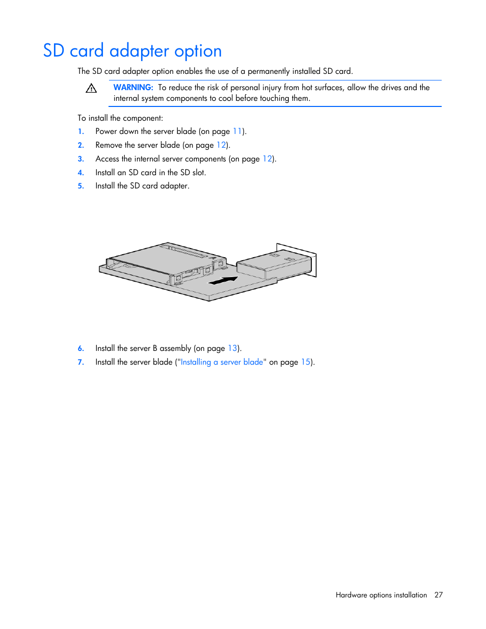 Sd card adapter option | HP BL2X220C User Manual | Page 27 / 82