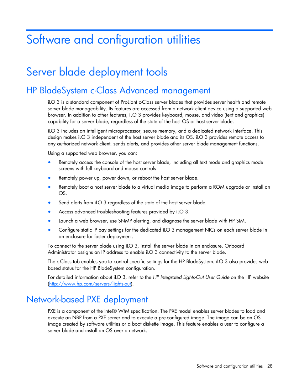 Software and configuration utilities, Server blade deployment tools, Hp bladesystem c-class advanced management | Network-based pxe deployment | HP BL2X220C User Manual | Page 28 / 82