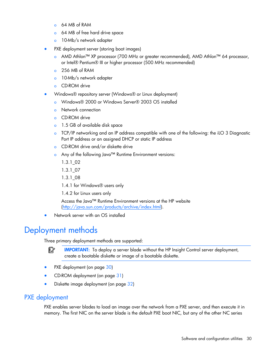 Deployment methods, Pxe deployment | HP BL2X220C User Manual | Page 30 / 82