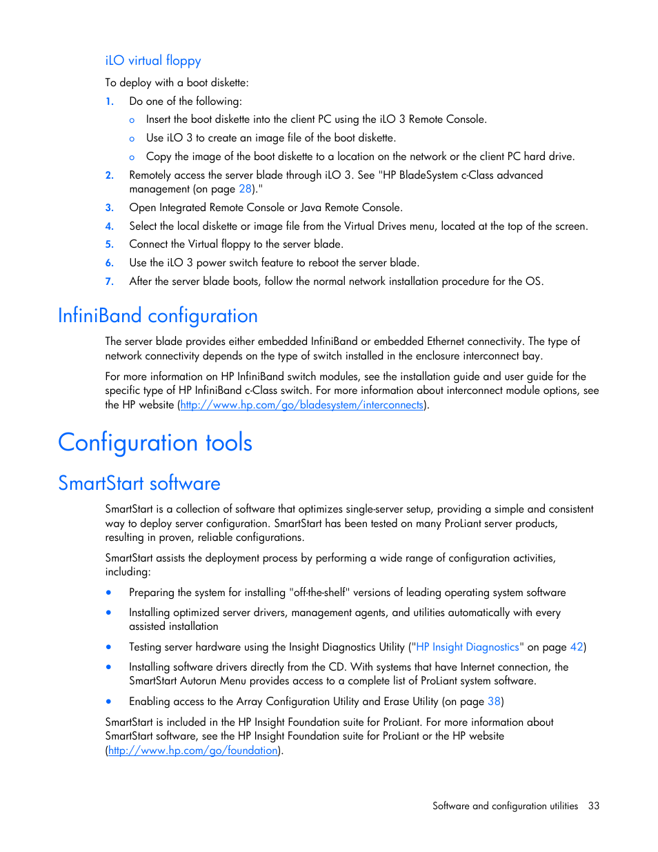Ilo virtual floppy, Infiniband configuration, Configuration tools | Smartstart software | HP BL2X220C User Manual | Page 33 / 82