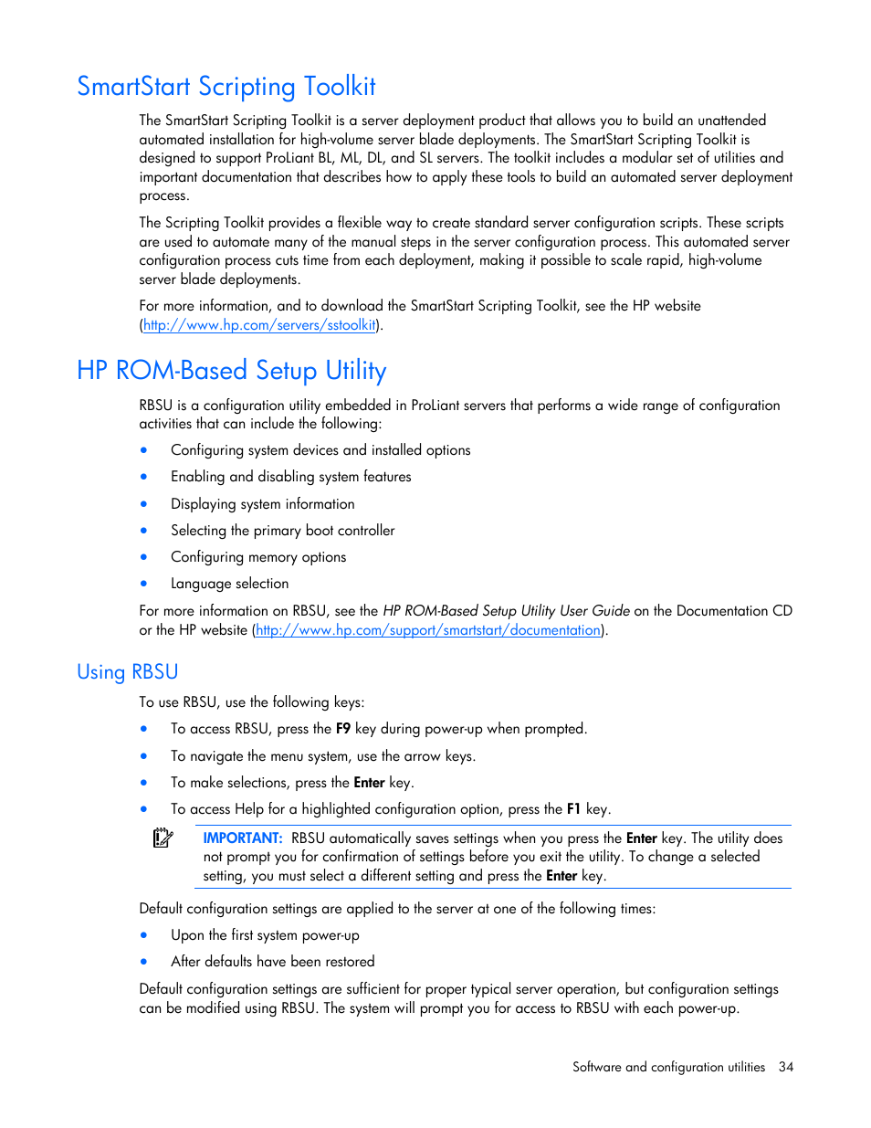 Smartstart scripting toolkit, Hp rom-based setup utility, Using rbsu | Hp rom-based setup, Utility | HP BL2X220C User Manual | Page 34 / 82