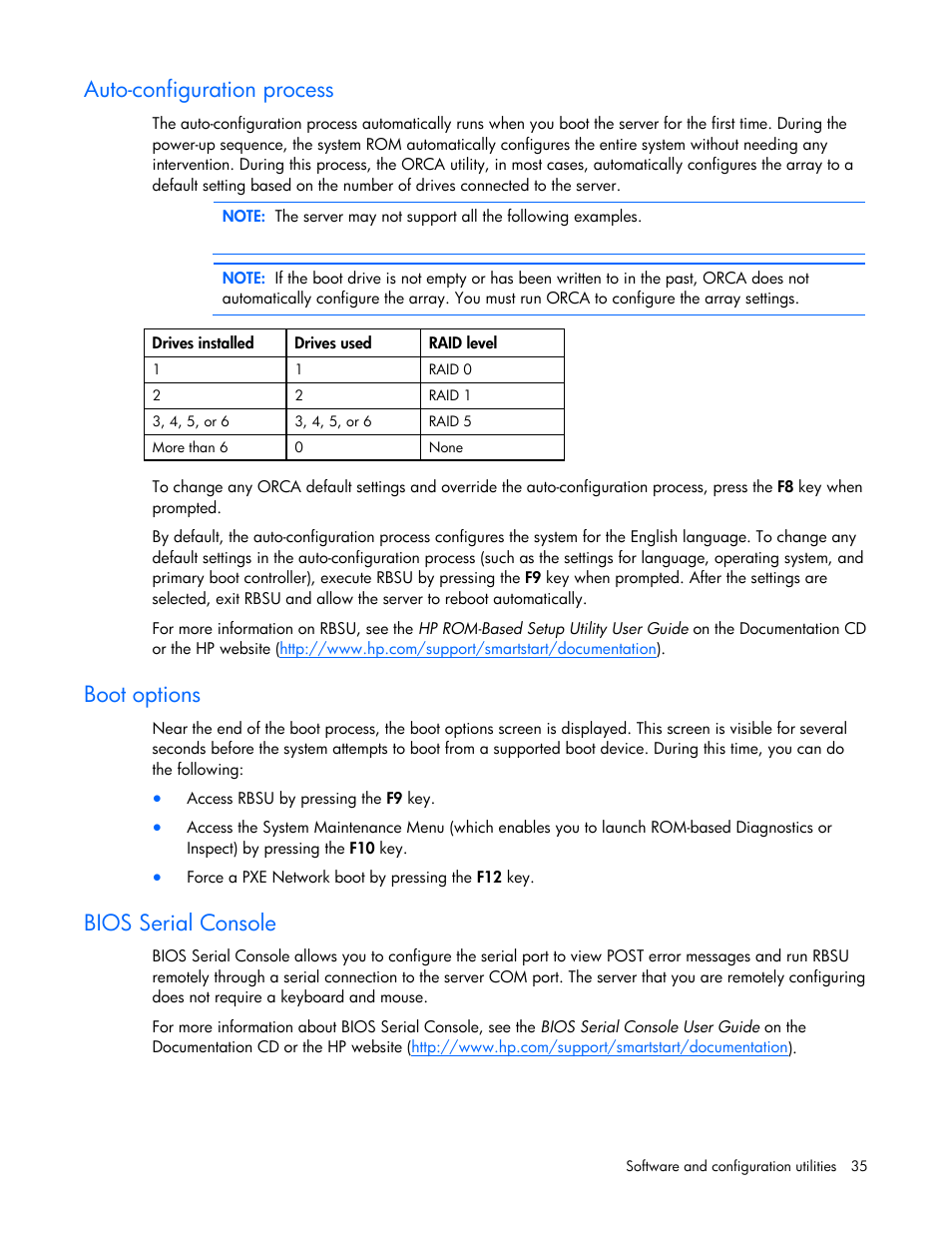Auto-configuration process, Boot options, Bios serial console | HP BL2X220C User Manual | Page 35 / 82