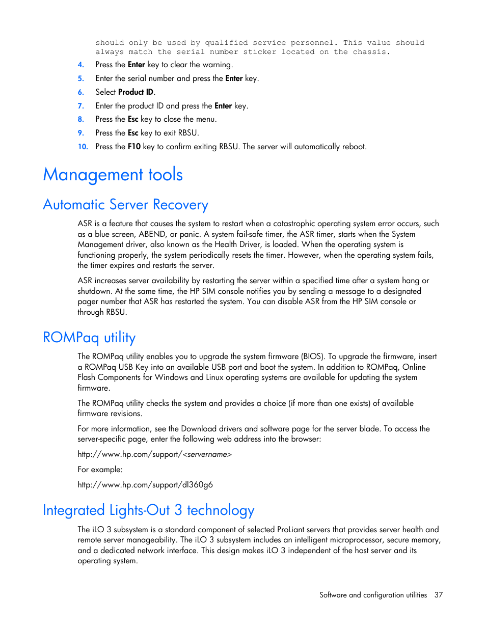 Management tools, Automatic server recovery, Rompaq utility | Integrated lights-out 3 technology | HP BL2X220C User Manual | Page 37 / 82