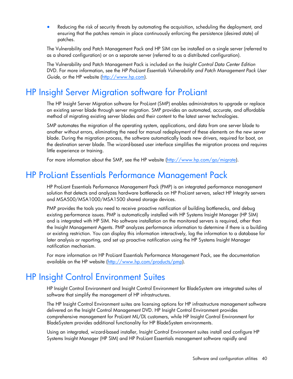Hp insight server migration software for proliant, Hp proliant essentials performance management pack, Hp insight control environment suites | HP BL2X220C User Manual | Page 40 / 82