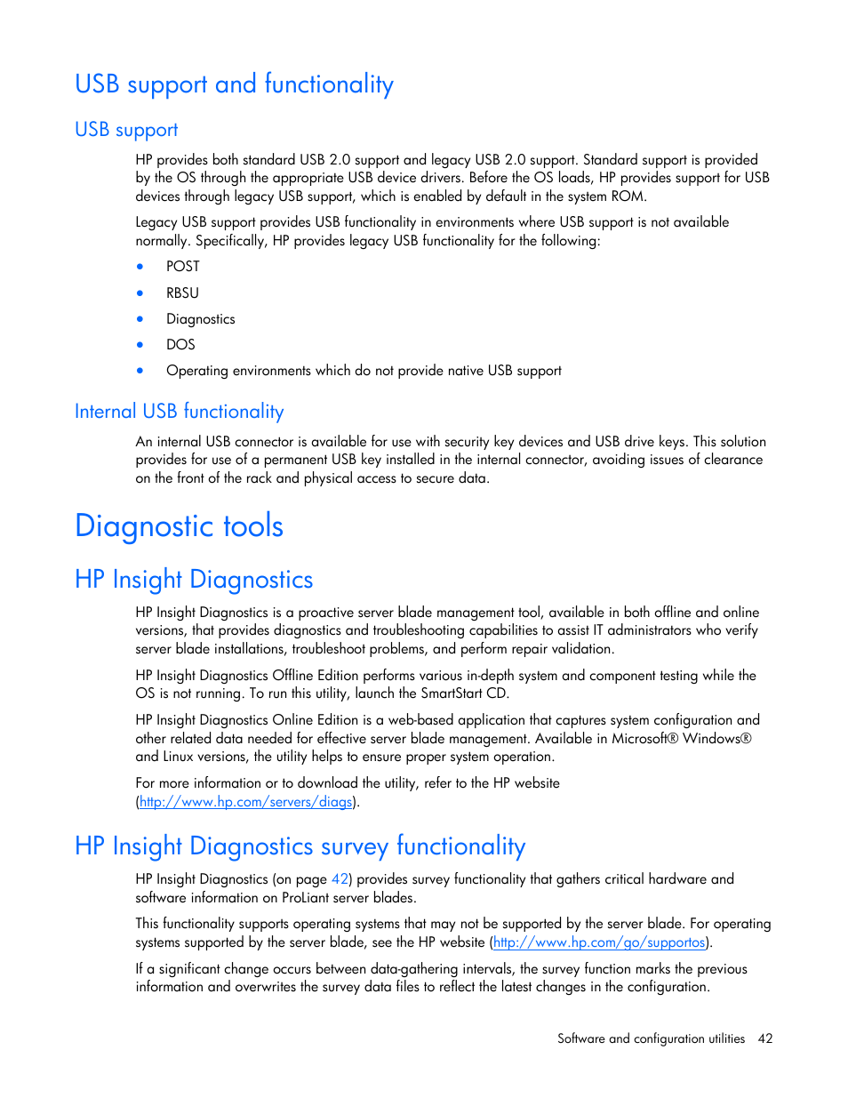 Usb support and functionality, Usb support, Internal usb functionality | Diagnostic tools, Hp insight diagnostics, Hp insight diagnostics survey functionality | HP BL2X220C User Manual | Page 42 / 82
