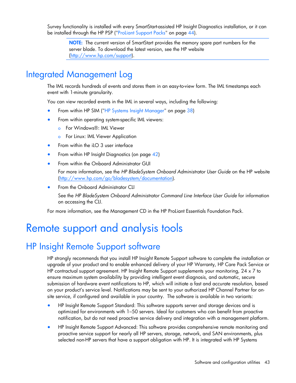 Integrated management log, Remote support and analysis tools, Hp insight remote support software | HP BL2X220C User Manual | Page 43 / 82