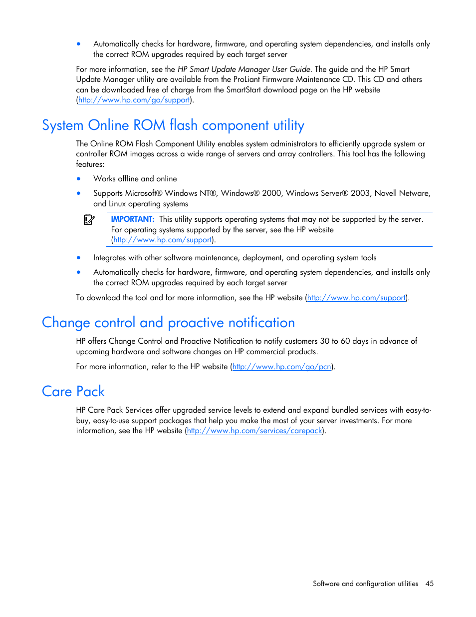 System online rom flash component utility, Change control and proactive notification, Care pack | HP BL2X220C User Manual | Page 45 / 82