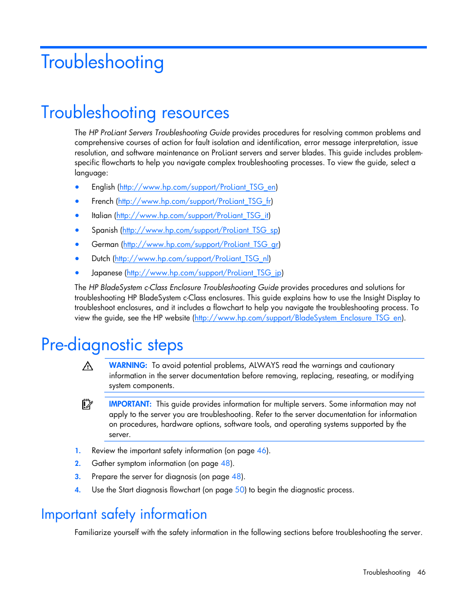 Troubleshooting, Troubleshooting resources, Pre-diagnostic steps | Important safety information, Troubleshooting resources pre-diagnostic steps | HP BL2X220C User Manual | Page 46 / 82