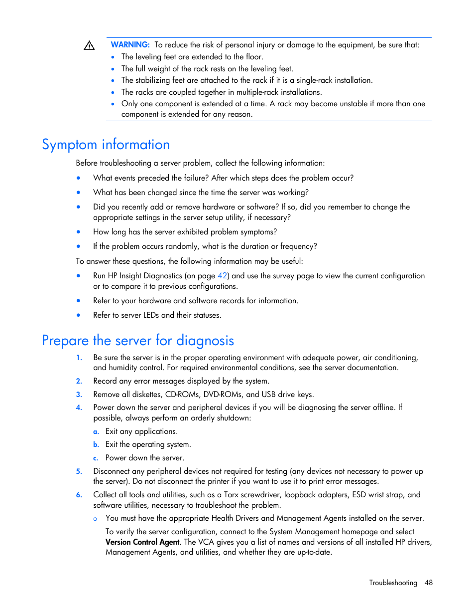 Symptom information, Prepare the server for diagnosis | HP BL2X220C User Manual | Page 48 / 82
