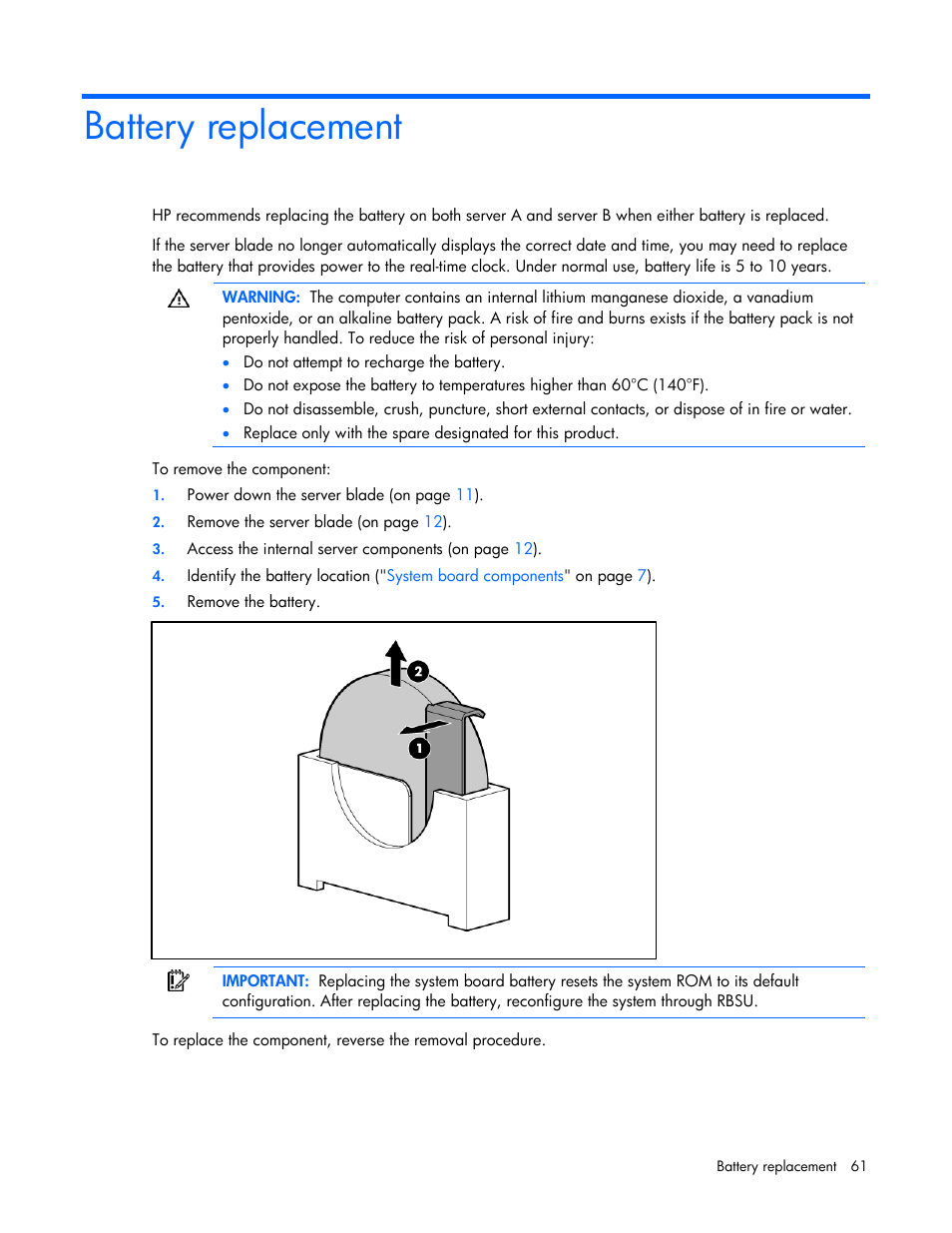 Battery replacement | HP BL2X220C User Manual | Page 61 / 82