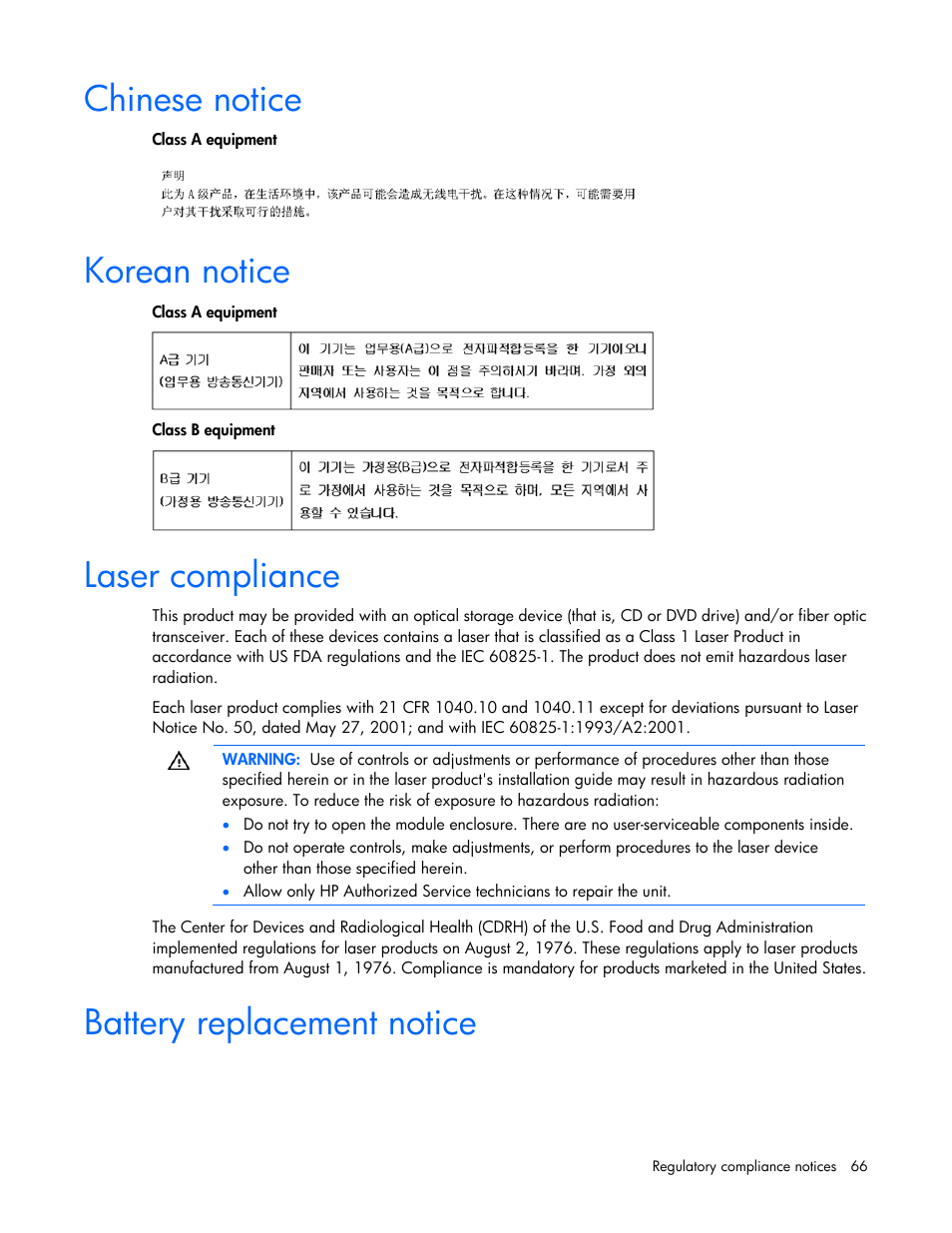 Chinese notice, Korean notice, Laser compliance | Battery replacement notice | HP BL2X220C User Manual | Page 66 / 82