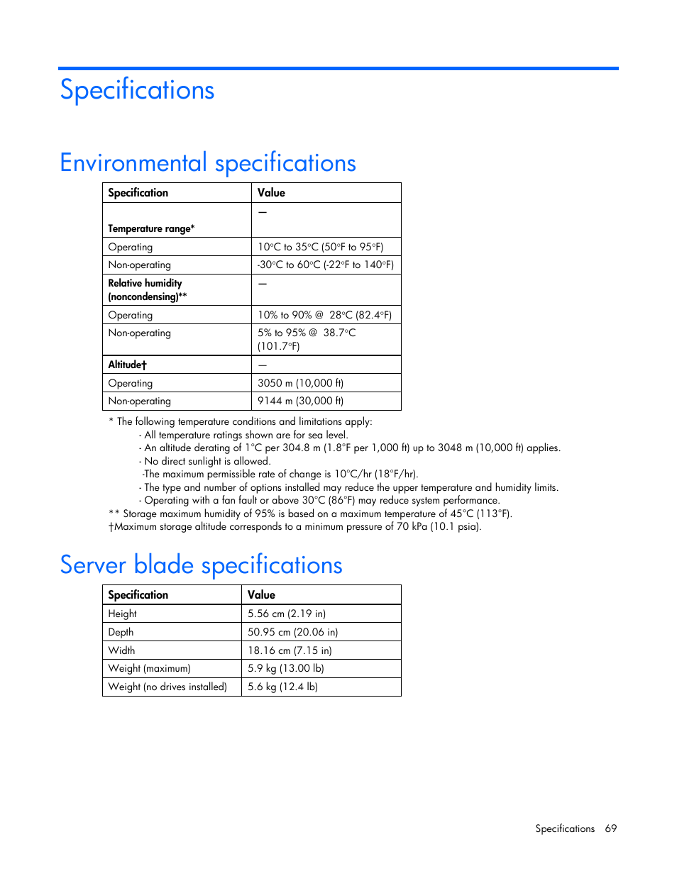 Specifications, Environmental specifications, Server blade specifications | HP BL2X220C User Manual | Page 69 / 82