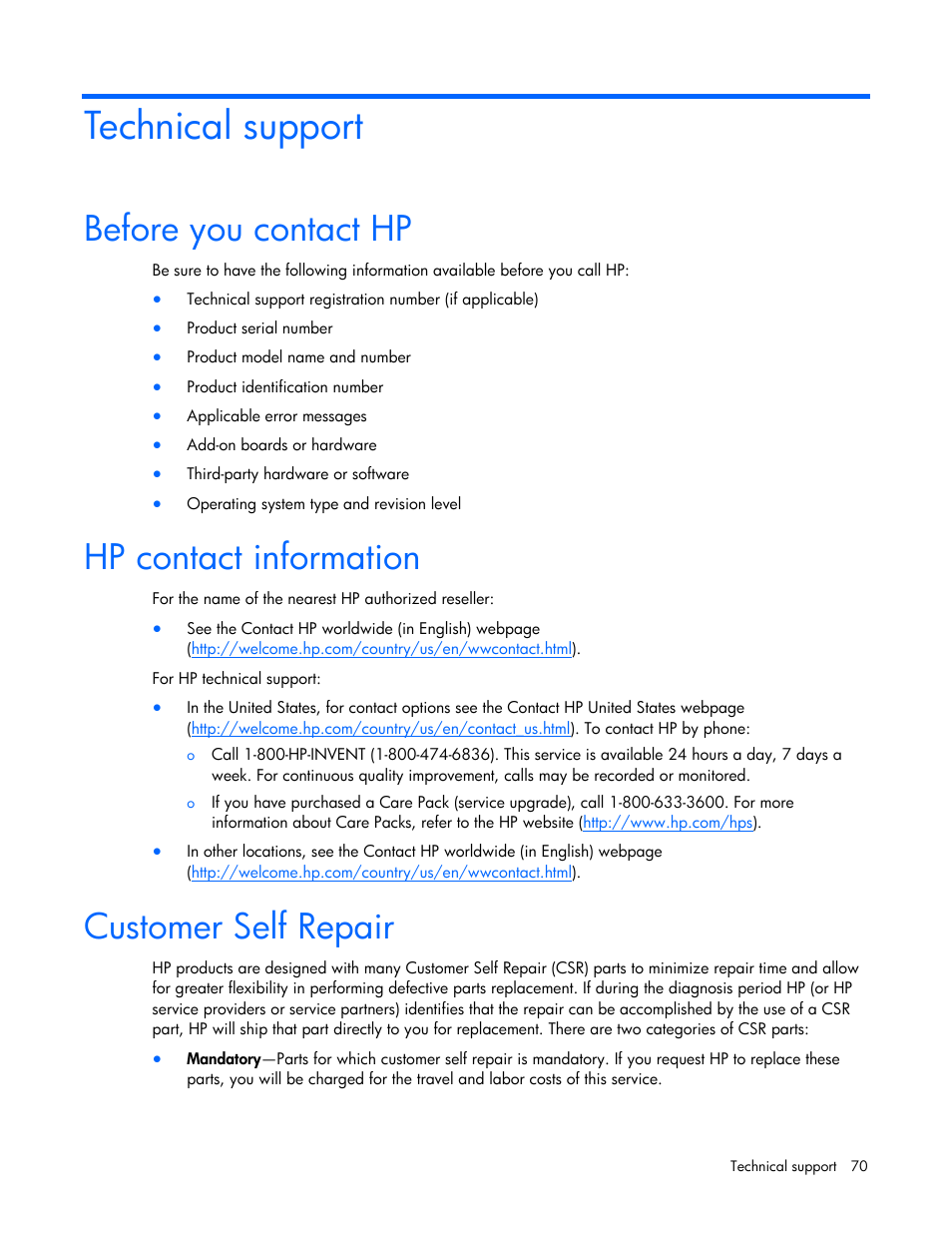 Technical support, Before you contact hp, Hp contact information | Customer self repair | HP BL2X220C User Manual | Page 70 / 82