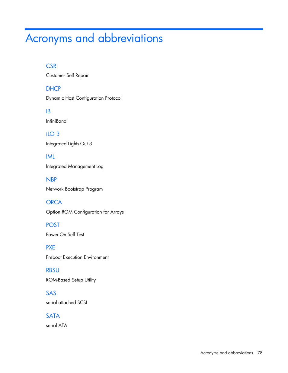 Acronyms and abbreviations | HP BL2X220C User Manual | Page 78 / 82