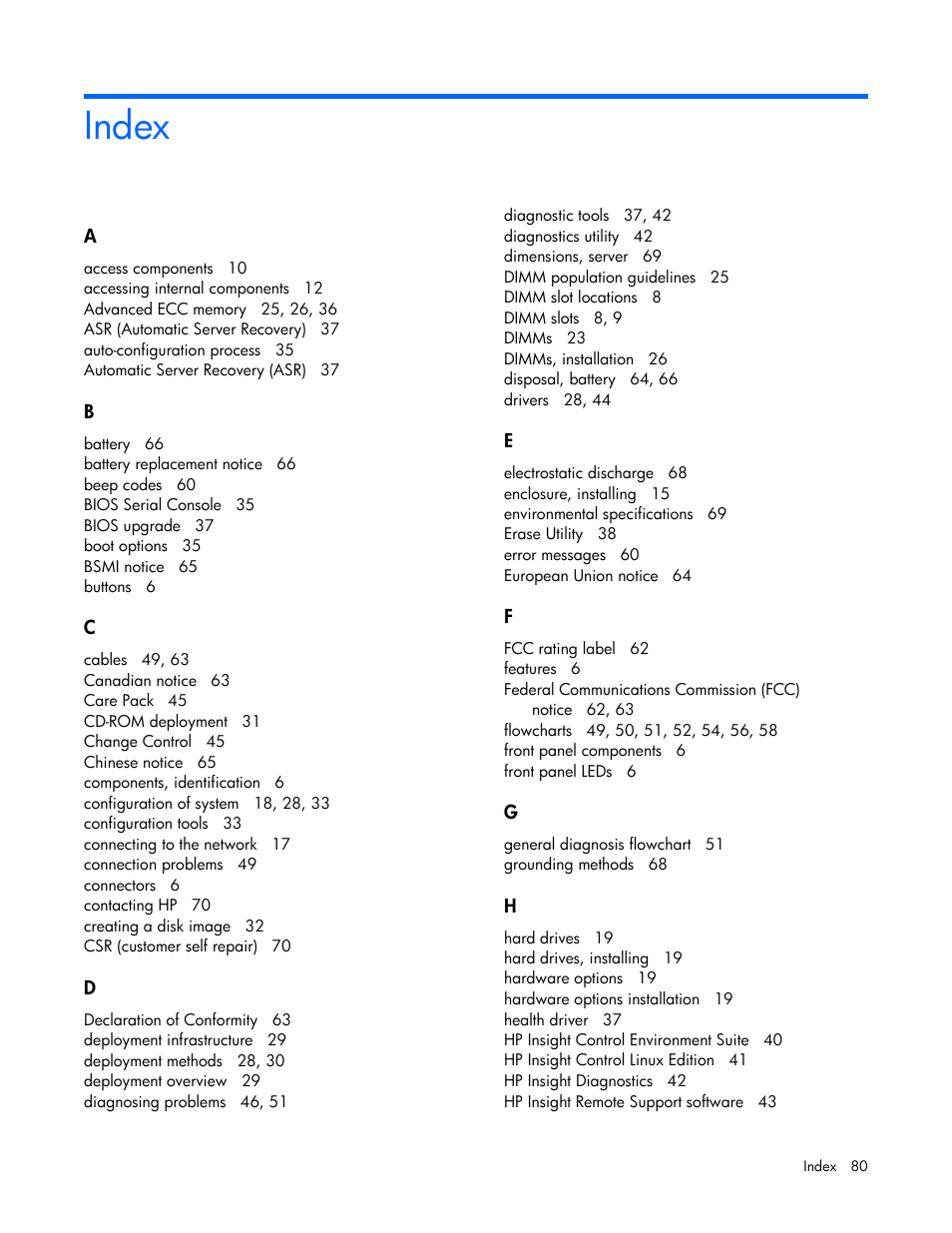 Index | HP BL2X220C User Manual | Page 80 / 82