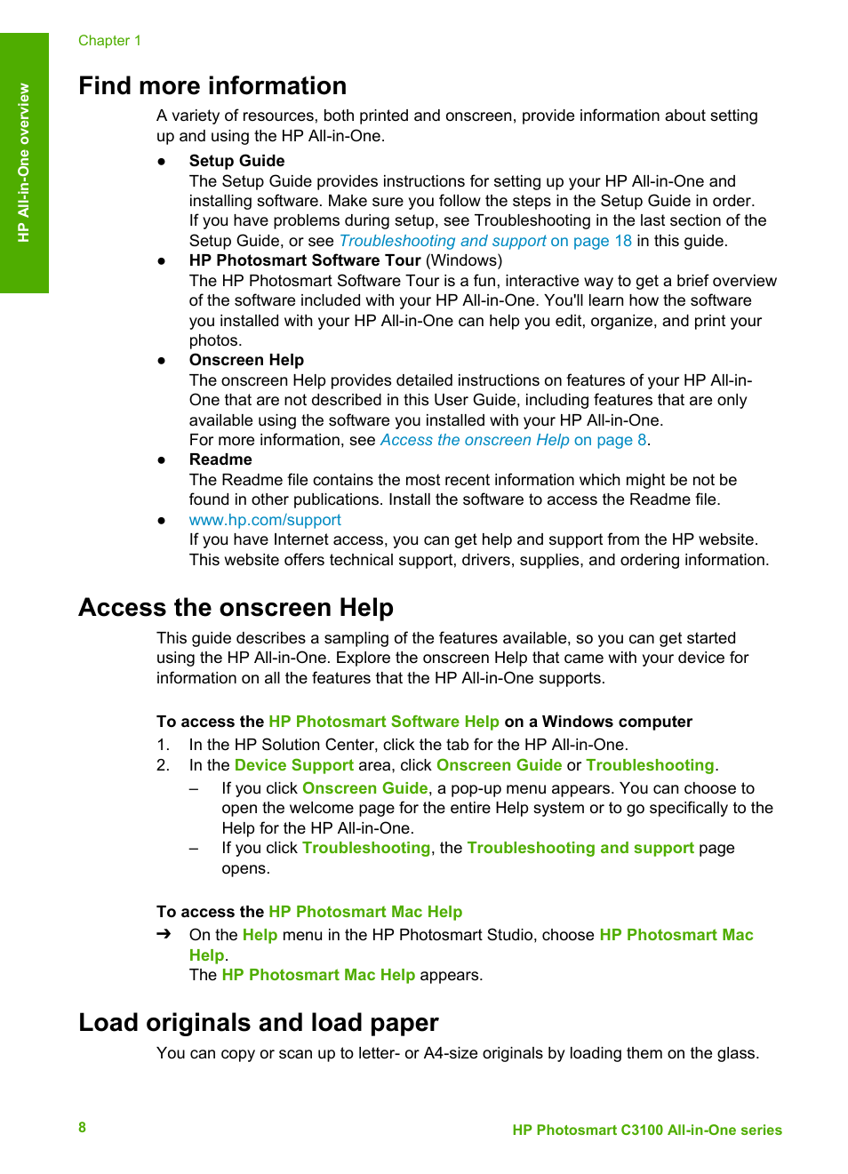Find more information, Access the onscreen help, Load originals and load paper | HP C4680 User Manual | Page 11 / 35