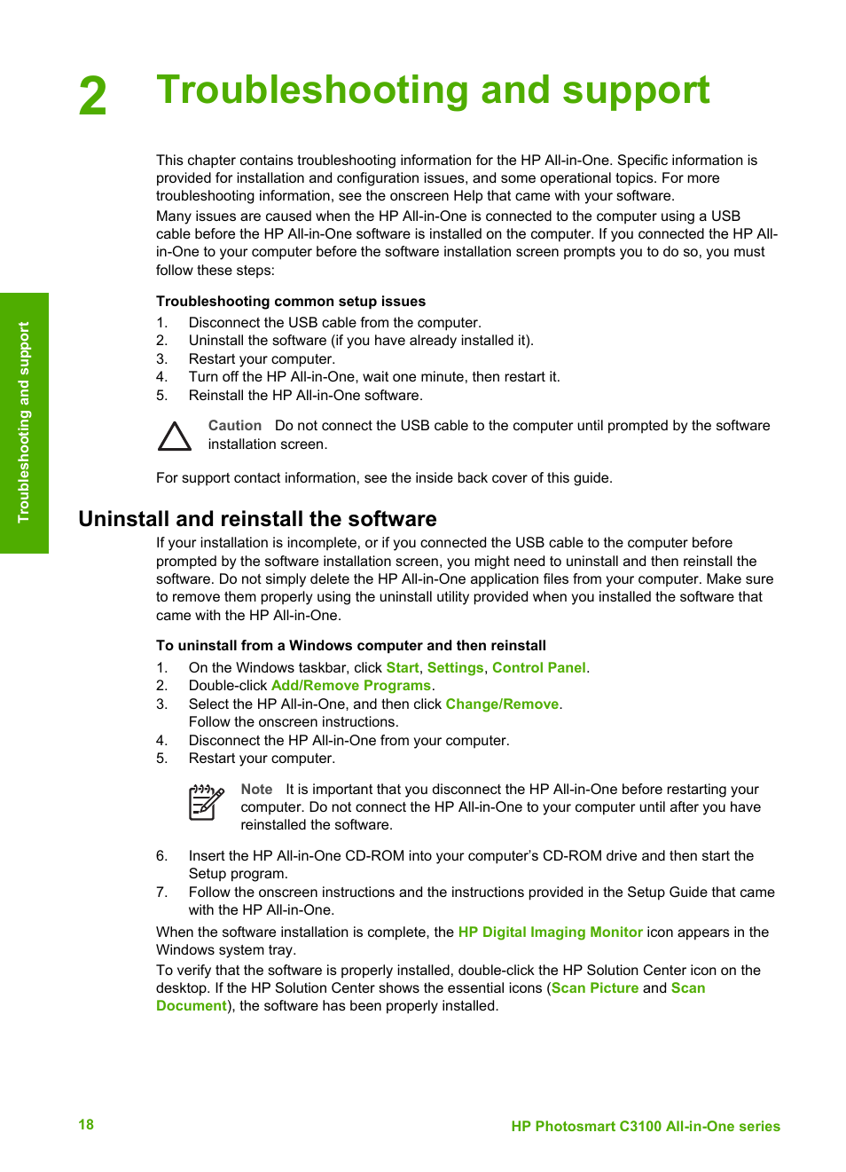 Troubleshooting and support, Uninstall and reinstall the software, Setup guide, or see | HP C4680 User Manual | Page 21 / 35