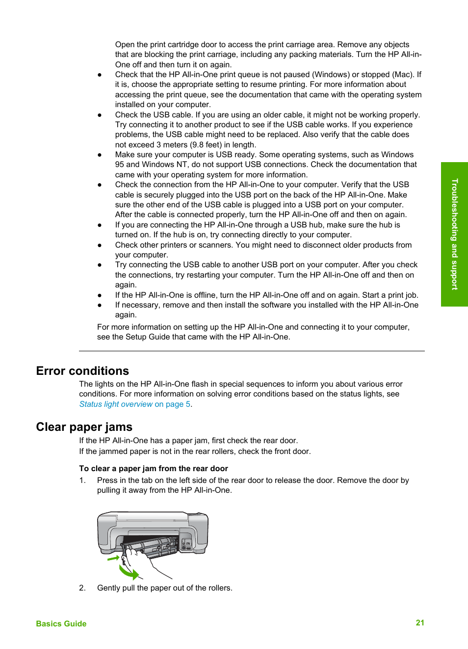 Error conditions, Clear paper jams, Error conditions clear paper jams | HP C4680 User Manual | Page 24 / 35