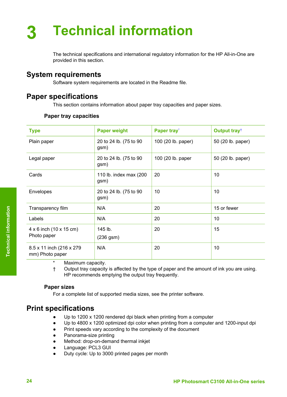 Technical information, System requirements, Paper specifications | Paper tray capacities, Paper sizes, Print specifications | HP C4680 User Manual | Page 27 / 35