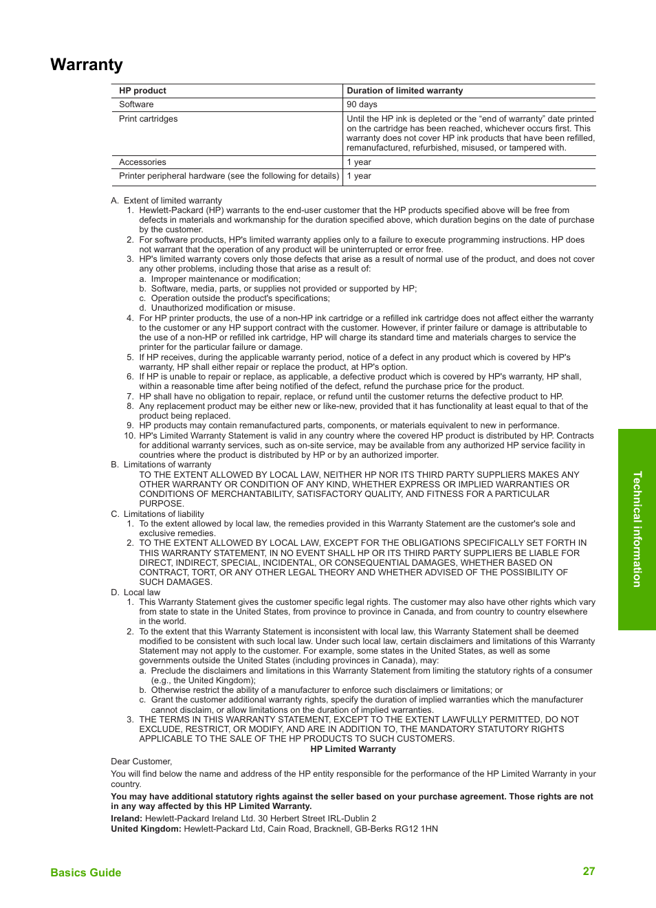 Warranty, Basics guide 27 technical information | HP C4680 User Manual | Page 30 / 35