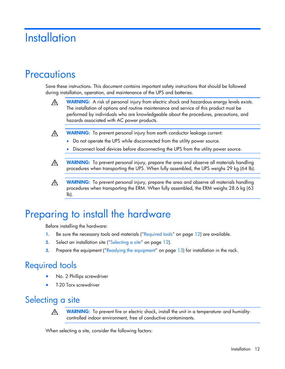 Installation, Precautions, Preparing to install the hardware | Required tools, Selecting a site | HP T2200 User Manual | Page 12 / 55