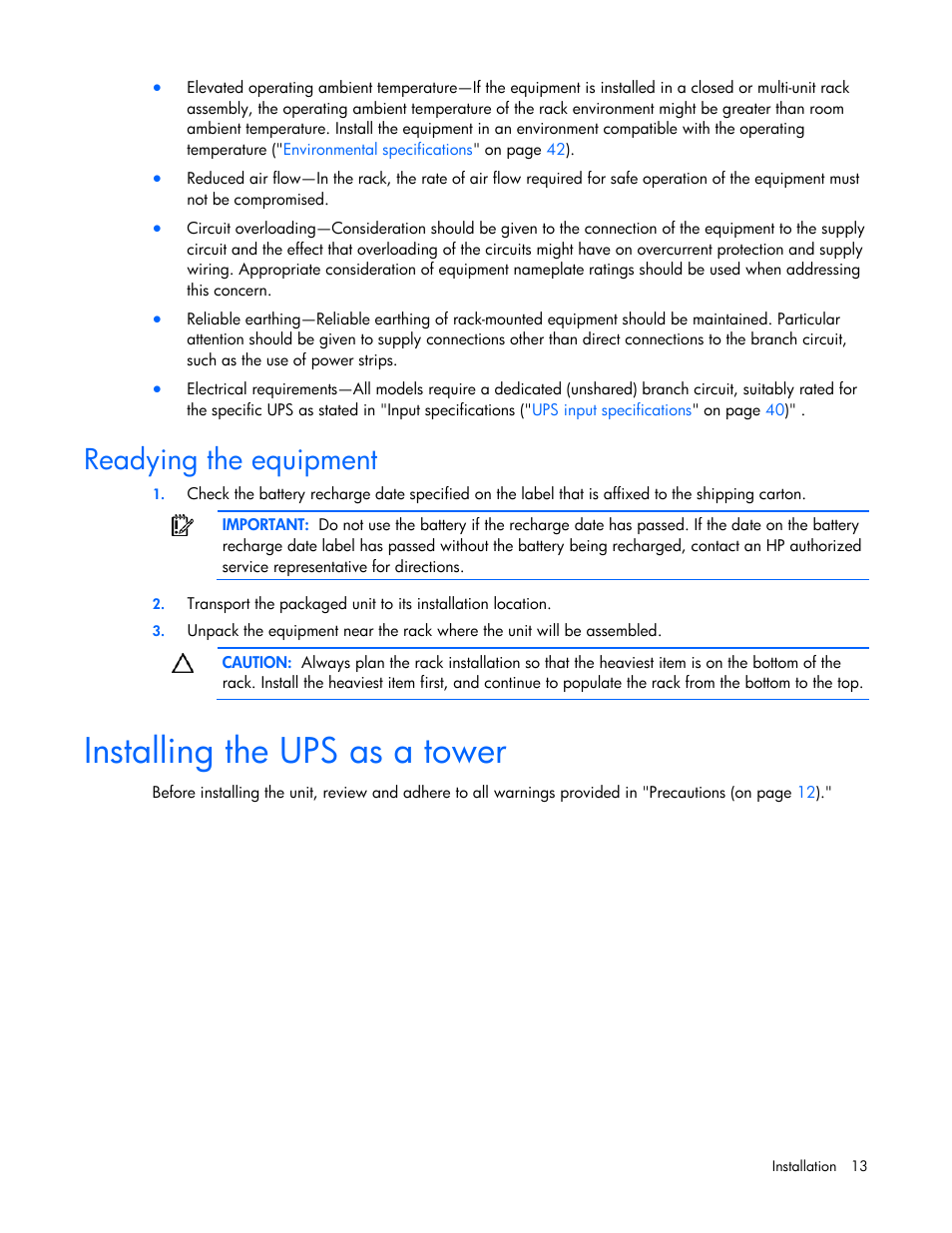 Readying the equipment, Installing the ups as a tower, Uipment | For i | HP T2200 User Manual | Page 13 / 55