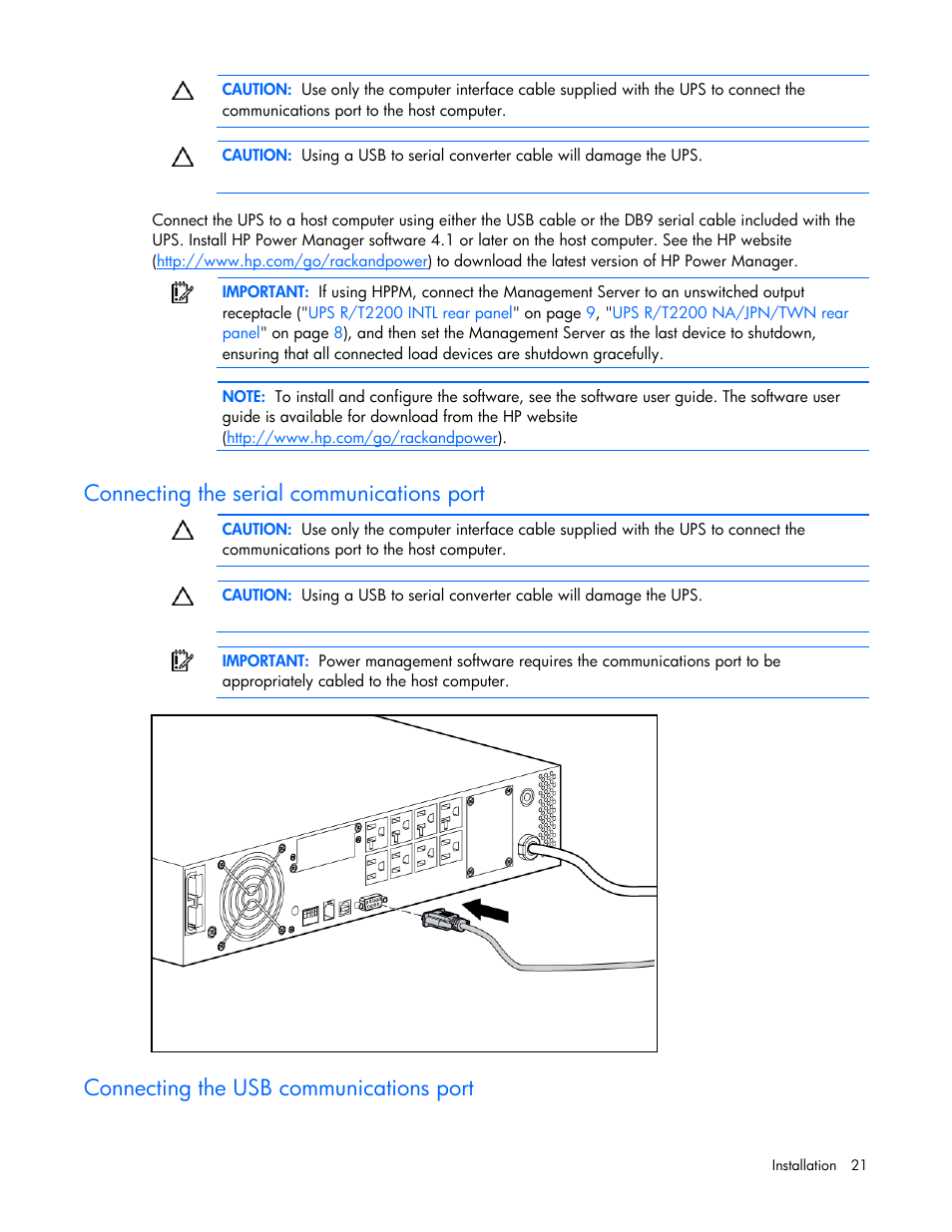 Connecting the serial communications port, Connecting the usb communications port | HP T2200 User Manual | Page 21 / 55