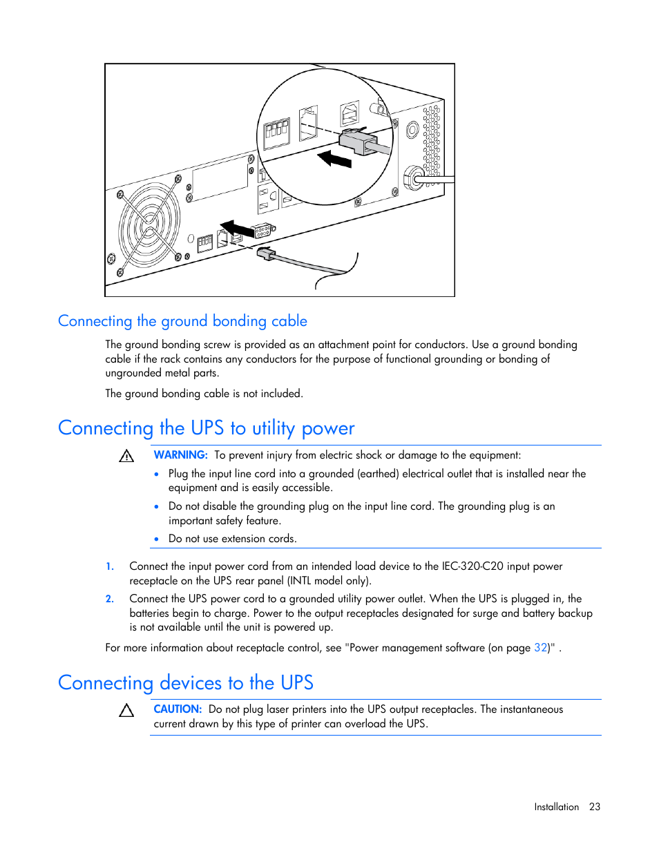 Connecting the ground bonding cable, Connecting the ups to utility power, Connecting devices to the ups | HP T2200 User Manual | Page 23 / 55