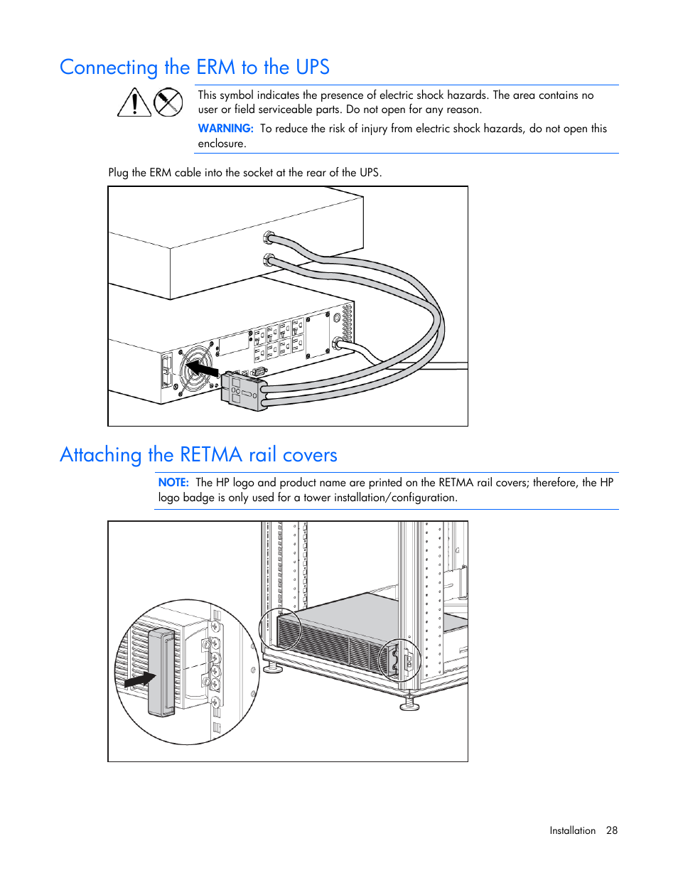 Connecting the erm to the ups, Attaching the retma rail covers | HP T2200 User Manual | Page 28 / 55