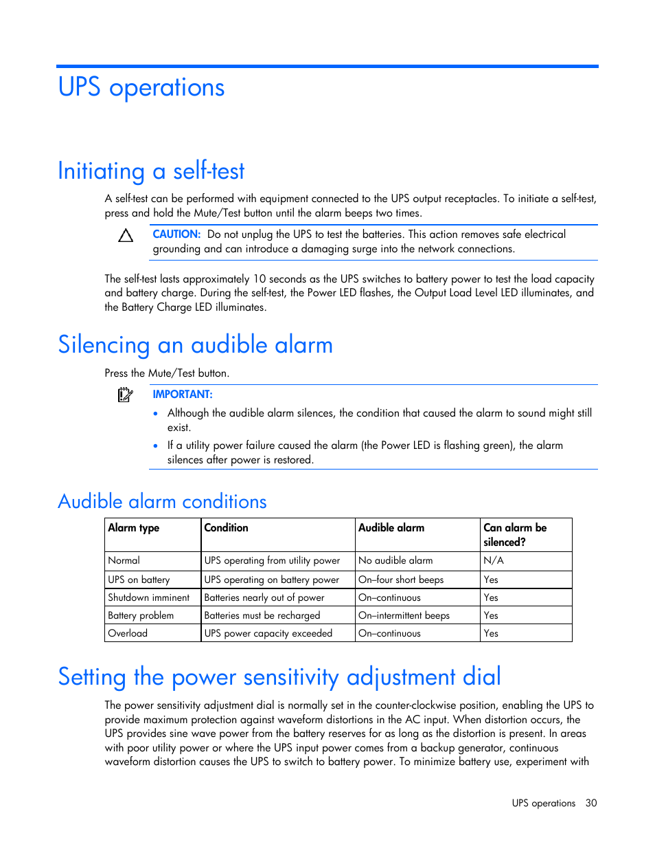 Ups operations, Initiating a self-test, Silencing an audible alarm | Audible alarm conditions, Setting the power sensitivity adjustment dial, E self-test, Initiating a self, Test, Silences ups alarms and initiates a self-test | HP T2200 User Manual | Page 30 / 55