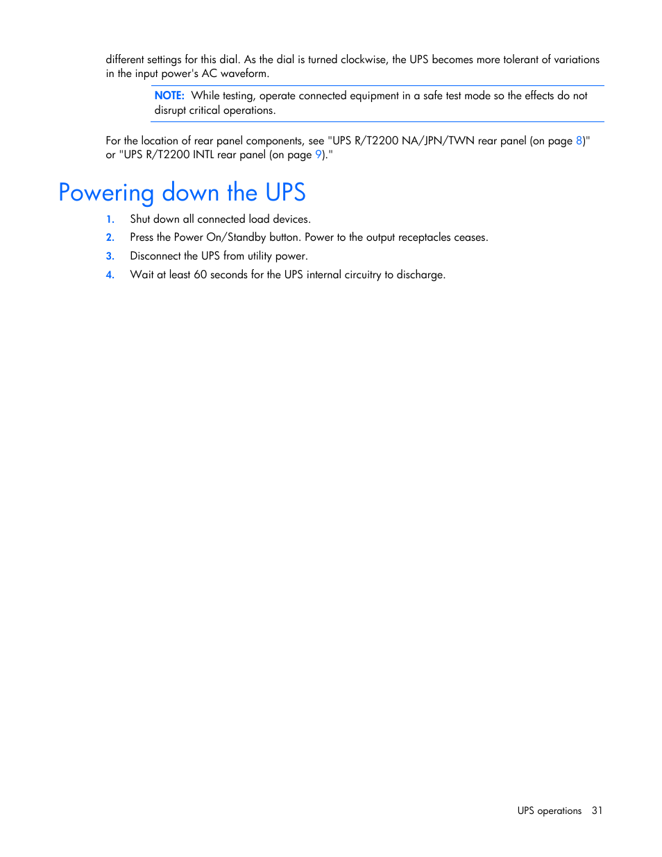 Powering down the ups | HP T2200 User Manual | Page 31 / 55